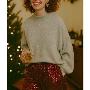 Chunky Oversized Pearl Beaded Holiday Sweater Light Grey H&M Festive Size M